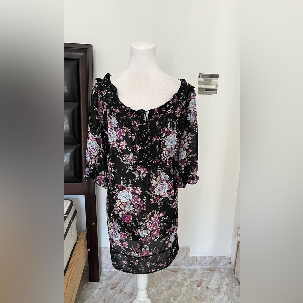 Woman Within Women’s SheerTop  Blouse Tunic Floral 3/4Sleeve Size 1XL Scoop Neck
